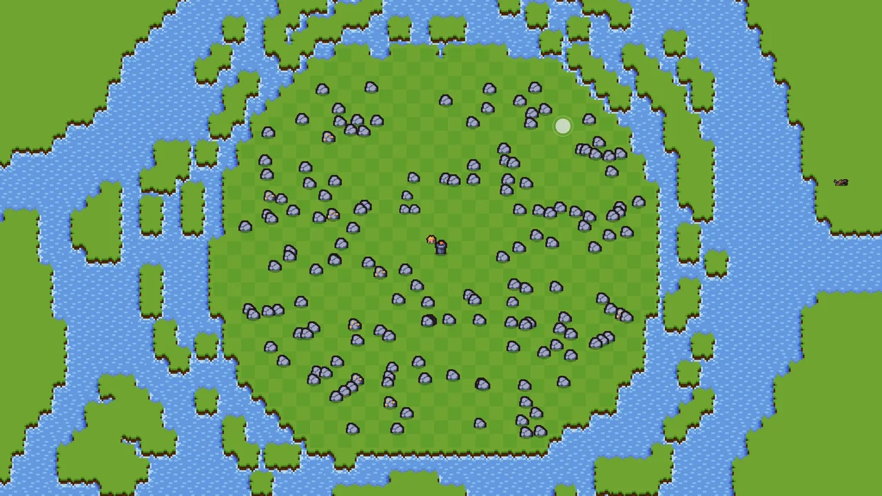 始めてすぐの画面。岩が散らばる島の中央に、最初の家が1軒だけ建っている