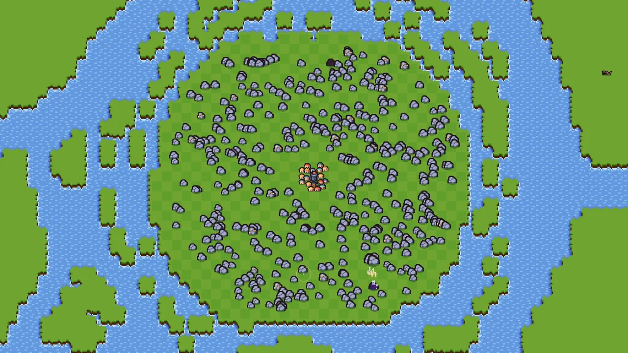 Babel Legacy の体験版。岩だらけの島の真ん中に、小さな家が集まっている