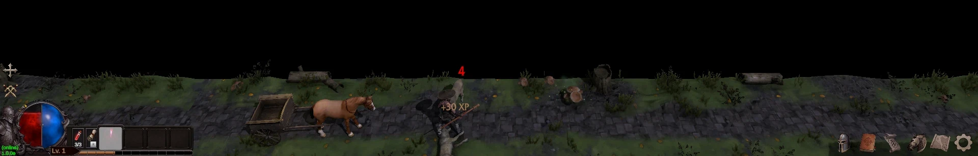 戦闘中の画面。ヒーローが中ほどで黒い蜘蛛と戦い、+30 XPが出ている。馬車は左後ろにある