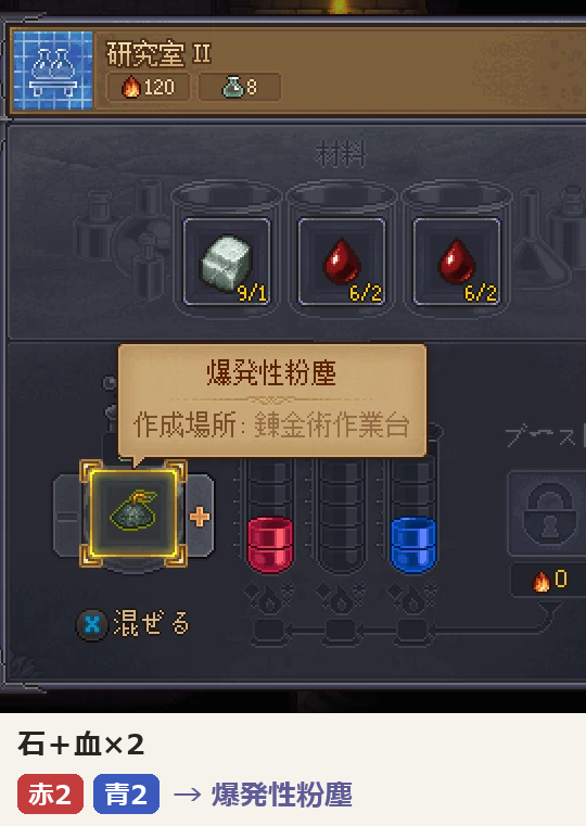 Graveyard Keeper 2 の研究室 II に石と血2つを入れた画面。赤2と青2になり、爆発性粉塵が出る