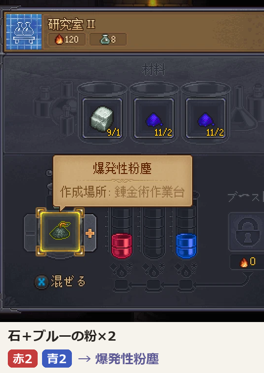 Graveyard Keeper 2 の研究室 II に石とブルーの粉2つを入れた画面。赤2と青2になり、爆発性粉塵が出る