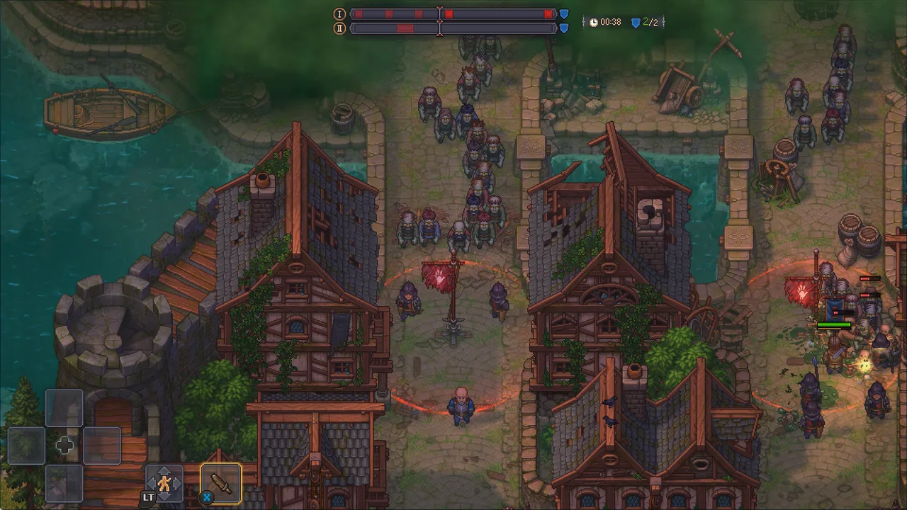 Graveyard Keeper 2 の防衛戦。2列の部隊、残り時間、拠点2/2、通りを進むゾンビの列
