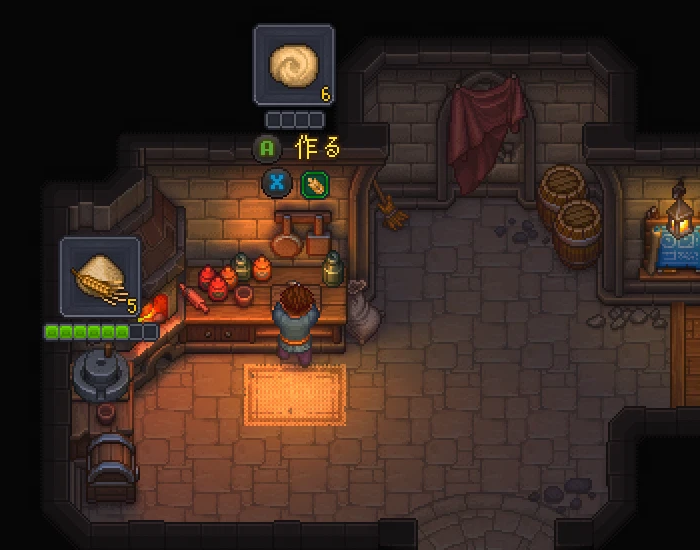 Graveyard Keeper 2 の家のキッチン。左の石臼の上に小麦粉5、奥のテーブルの上にパン生地6の表示が出ている