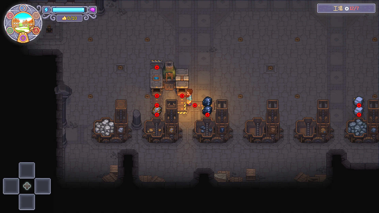 Graveyard Keeper 2 の工場で、右上の工場出力が12/7と赤字になり、ベルトと機械の上に赤い印が並んで止まっている