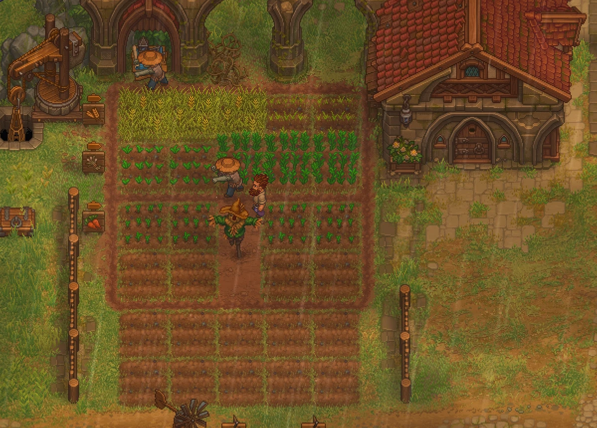Graveyard Keeper 2 の庭。列の左端に麦・亜麻・ニンジンのサインが立ち、それぞれの列に作物が育っている。サインの無い下の列は空いたまま。麦わら帽子のゾンビが苗床を世話している