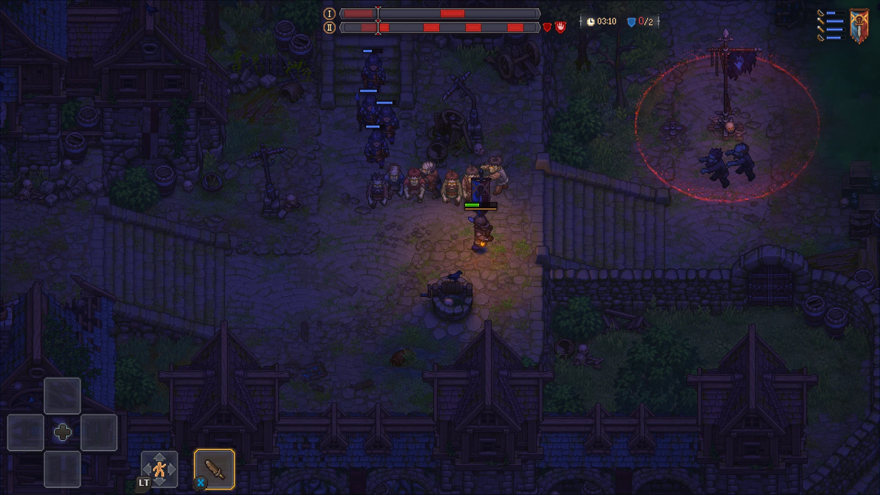 Graveyard Keeper 2 の夜の防衛戦。最初の鎧を着た主人公の前に敵のゾンビの群れが並び、上から青い兜の雇った兵士が向かってくる。画面上に両軍の兵力のゲージと残り時間、押さえた拠点0/2が出ている