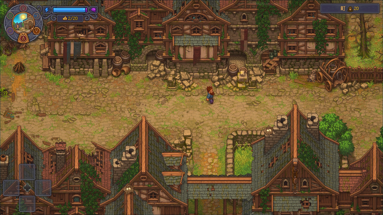 Graveyard Keeper 2 の町。木造の家が並んでいるが、屋根に穴が開き、石垣が崩れて瓦礫が積もっている