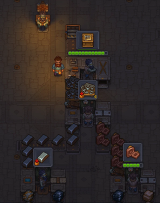 Graveyard Keeper 2 の地下工場で動いているカトラリーIIのライン。下から鉄鉱石・石炭・粘土がベルトで上がり、鍛冶場で地金と型になって、奥の組み立て台IIIで箱になる。左には回転木馬がある