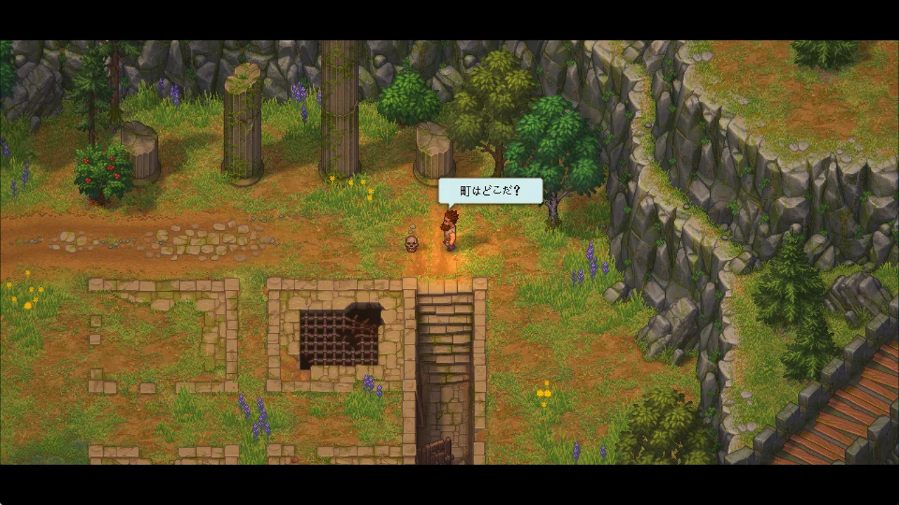 Graveyard Keeper 2 の地上マップ。遺跡の柱と森の中を主人公と髑髏が歩き、「町はどこだ？」と話している