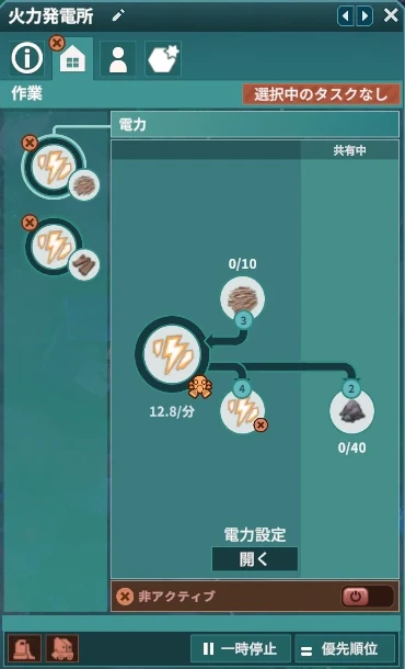 火力発電所のカードの作業タブ。「電力設定」の「開く」と、カードの下に「一時停止」「優先順位」がある