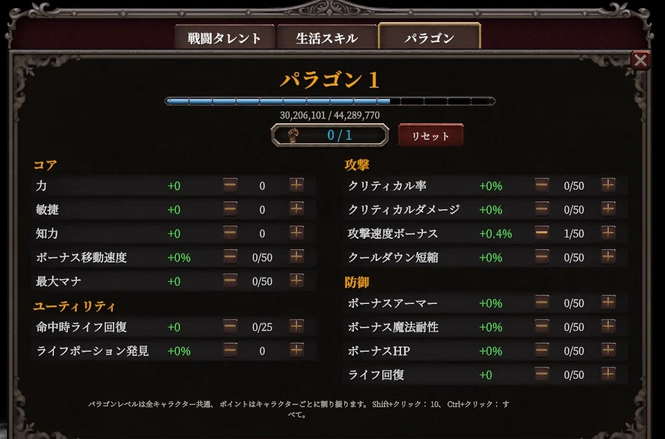 パラゴンの画面。パラゴン1で、ゲージの下に次のパラゴンまでの経験値（30,206,101 / 44,289,770）が出ている。コア・攻撃・防御・ユーティリティの4つに分かれ、攻撃速度ボーナスに1点振って+0.4%になっている