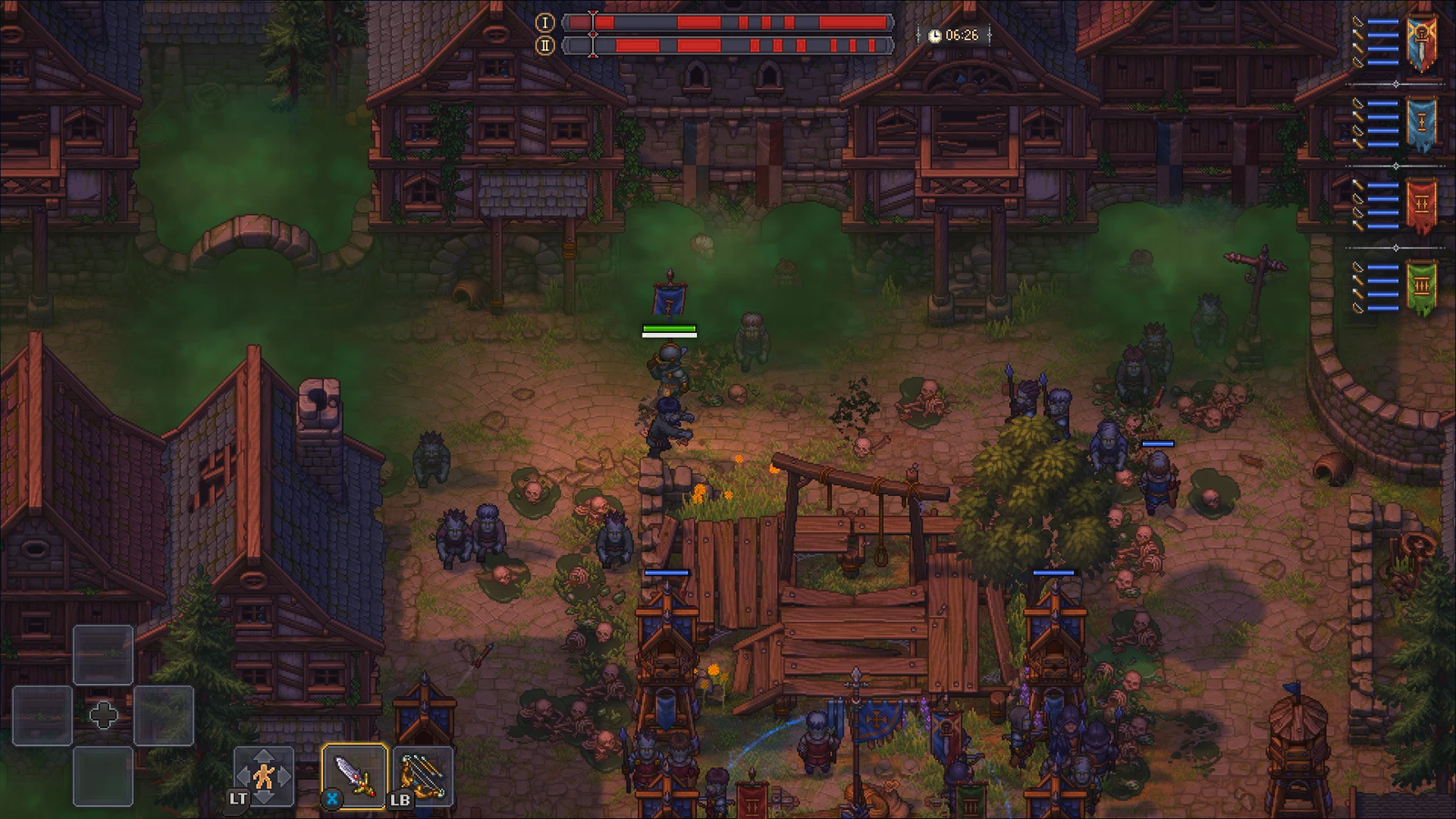 Graveyard Keeper 2 の最終決戦。上に線I・IIのバーと残り時間、右に部隊の旗が並ぶ。霧の中から敵のゾンビが押し寄せ、手前の塔とバリケードの前で味方の部隊が迎え撃っている
