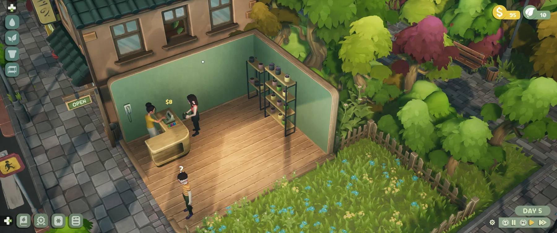 Leafy Corner の体験版。緑の壁の店に棚が2つ並び、レジでお客さまが会計している
